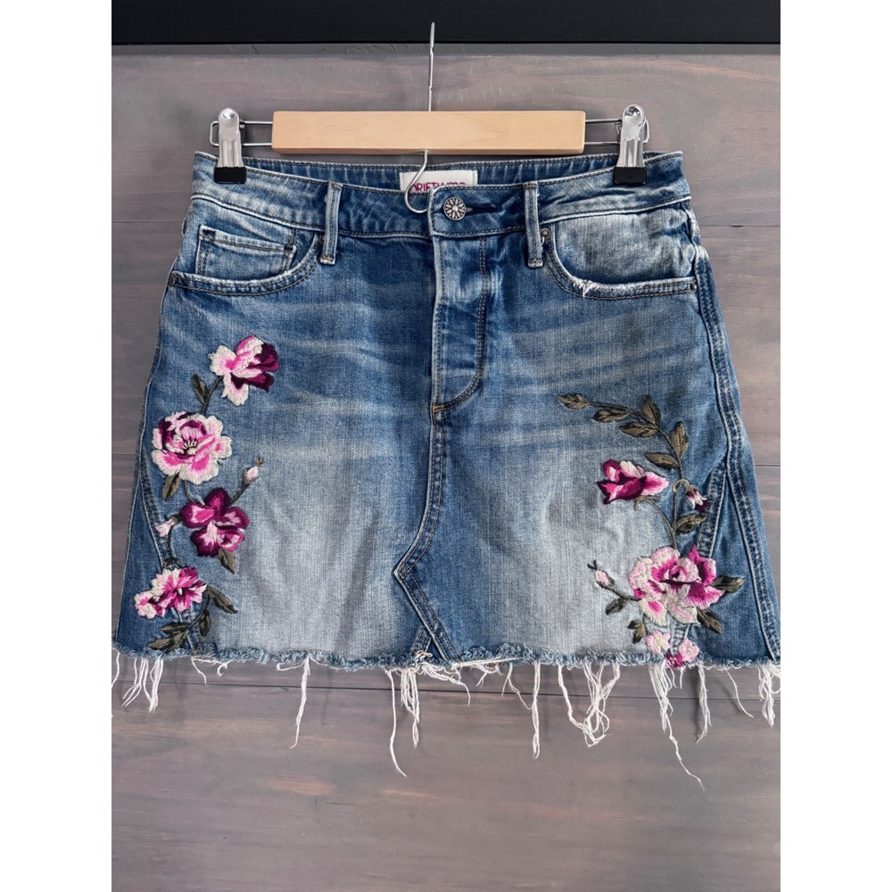 DRIFTWOOD Light Blue Denim Mini Skirt with Pink Floral Embroidery - Picture 3 of 6
